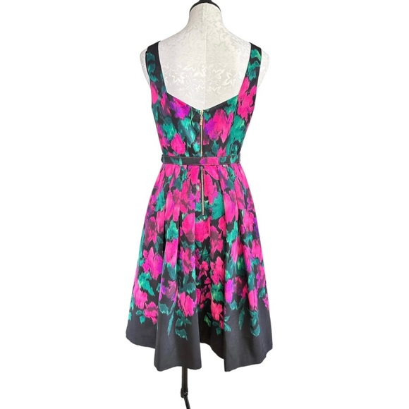 Eliza J Fit & Flare Black Watercolor Dress Sleeveless Belted Size 6 - Picture 3 of 12